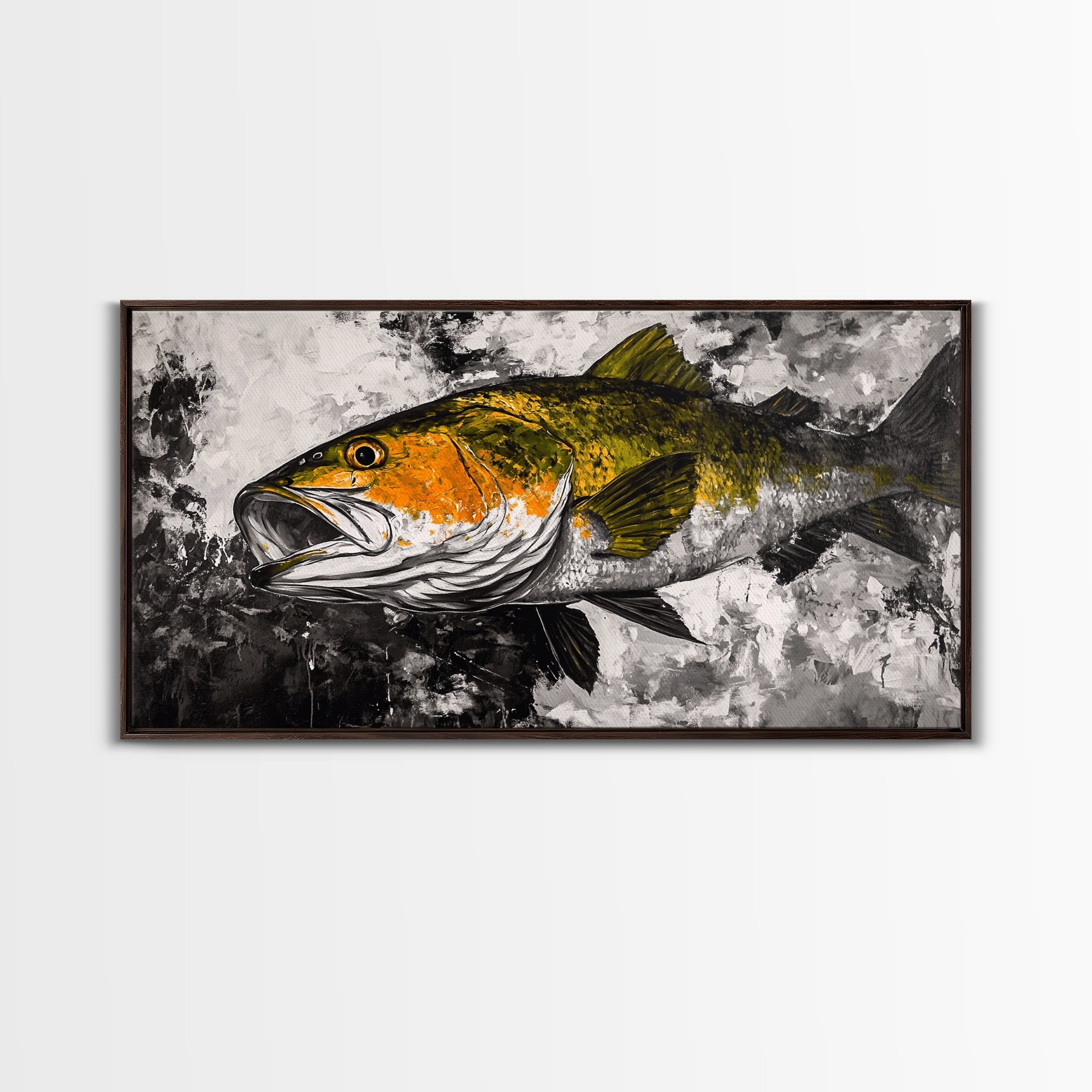 Trout Fish Art, Rustic Fishing Wall Art, Wildlife Painting, Extra Wide Art, Nature Lover Gift, Framed Canvas Print, Cabin Wall Decor