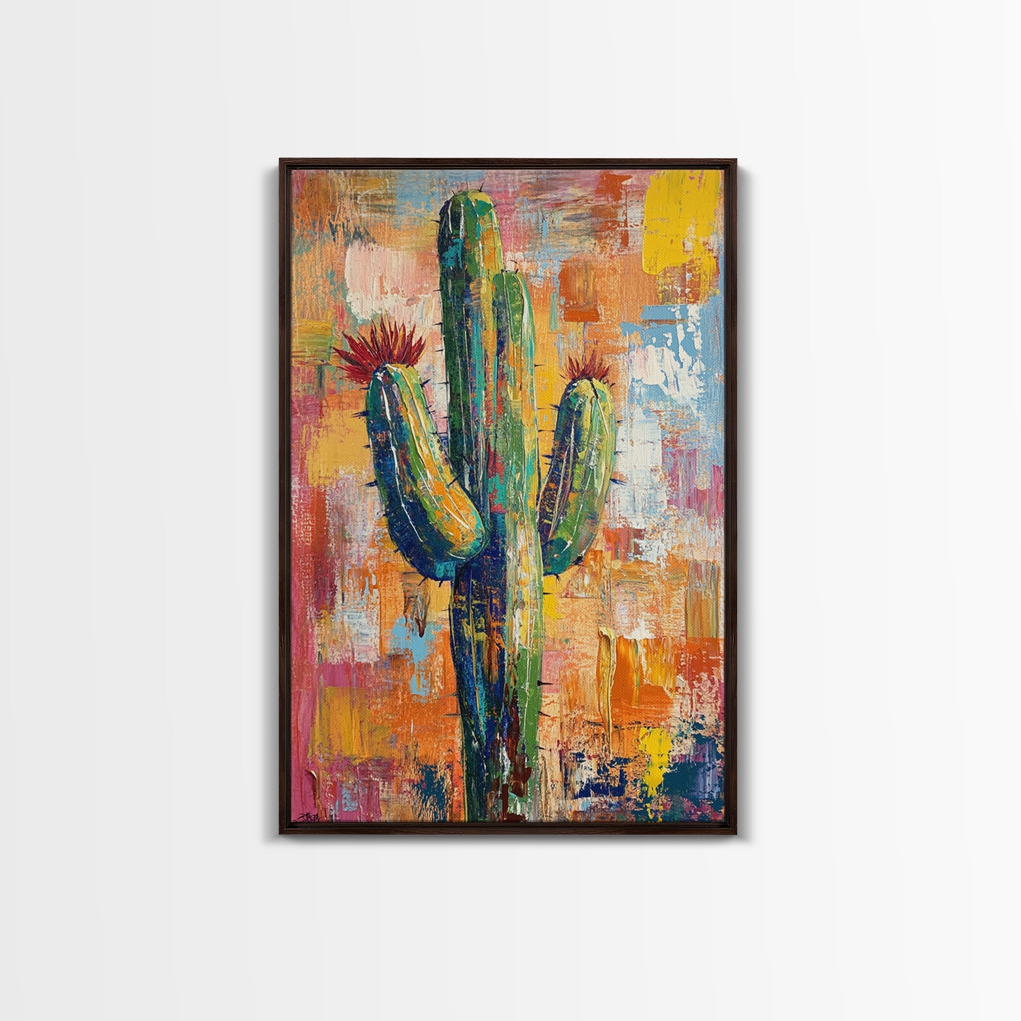 Southwest cactus painting, desert decor, rustic wall art, boho art, framed canvas print, western wall art, gift idea her, botanical prints