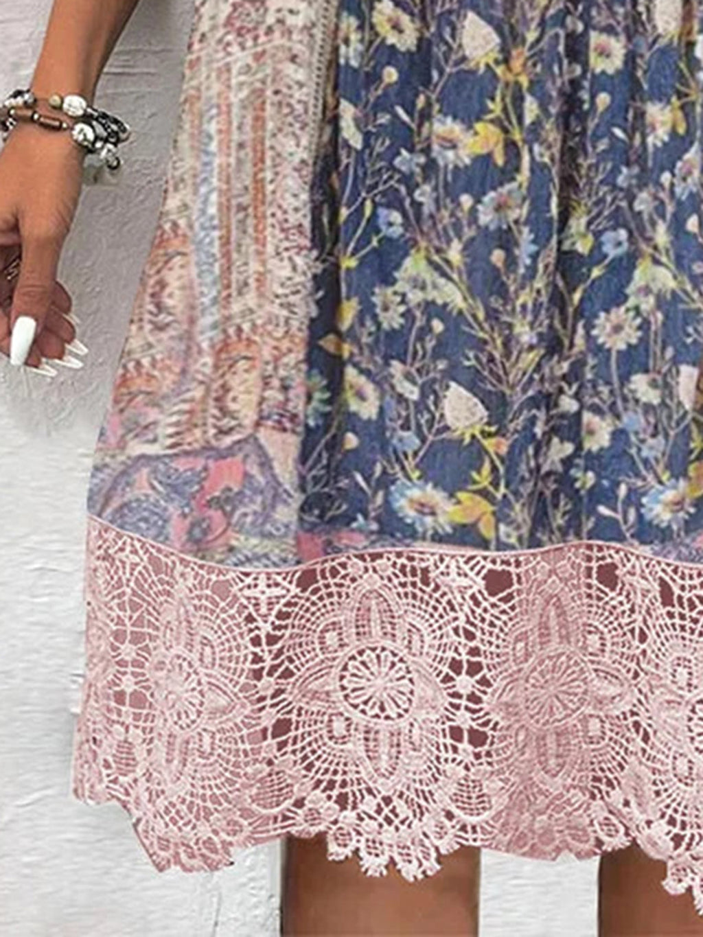 Blush Pink Elegant Full-Size Lace Detail Dress Printed Sleeve Midi Dress for Women