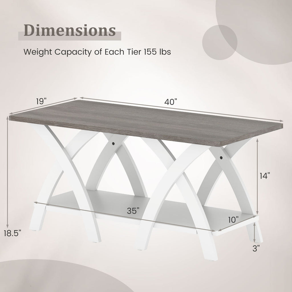 40 Inch Farmhouse Wooden Coffee Table with Storage Shelf with X-shaped Legs-Gray