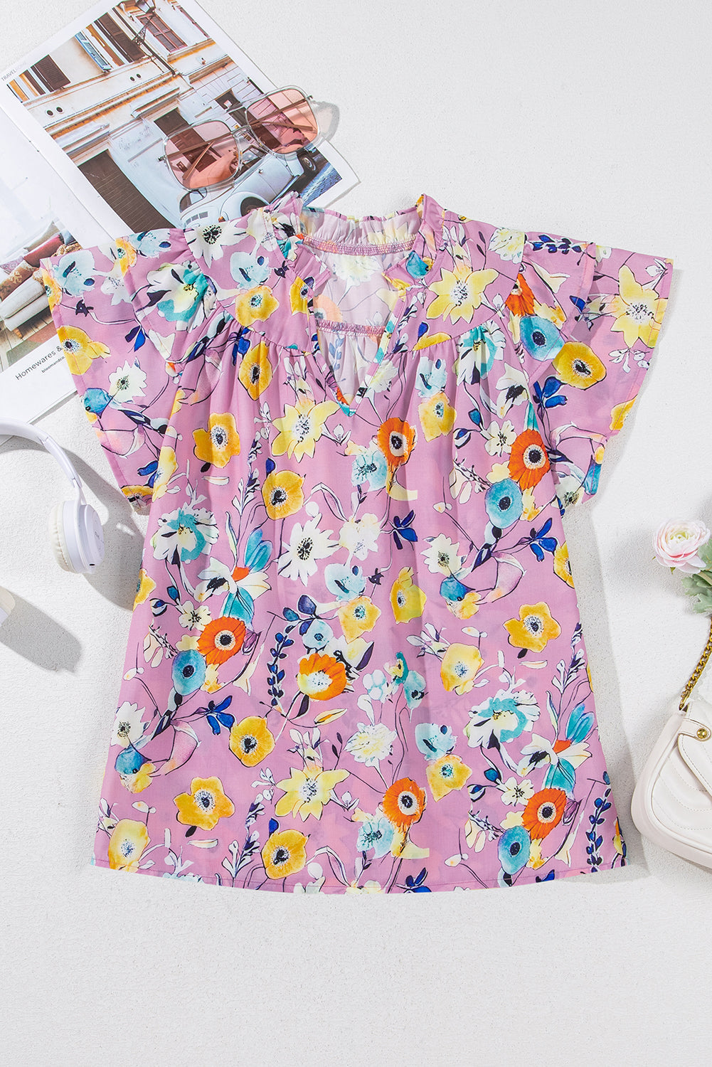 Pink Flutter Sleeve V Neck Floral Top