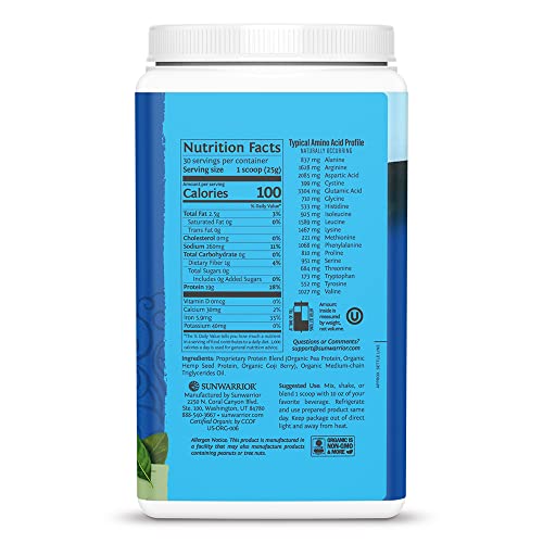 Organic Sunwarrior - Warrior Blend, Plant Based, Raw Vegan Protein Powder with Peas & Hemp, Chocolate, 30 Servings, 26.4 Ounce