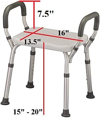 HEALTHLINE Adjustable Shower Bench with Arms – Lightweight Bath Seat with Padded Handles, Height 15"–20", White Plastic Seat with Drainage Holes, for Balance Assistance in Shower/Tub, 300 lb Capacity