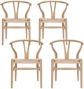Wishbone Chair Natural Solid Wood Dining Chair/Hans Wegner Y Chair Rattan and Wood Accent Armrest Chairs - Ash Wood Chairs Set of 4 (Ash Wood + Natural Color)