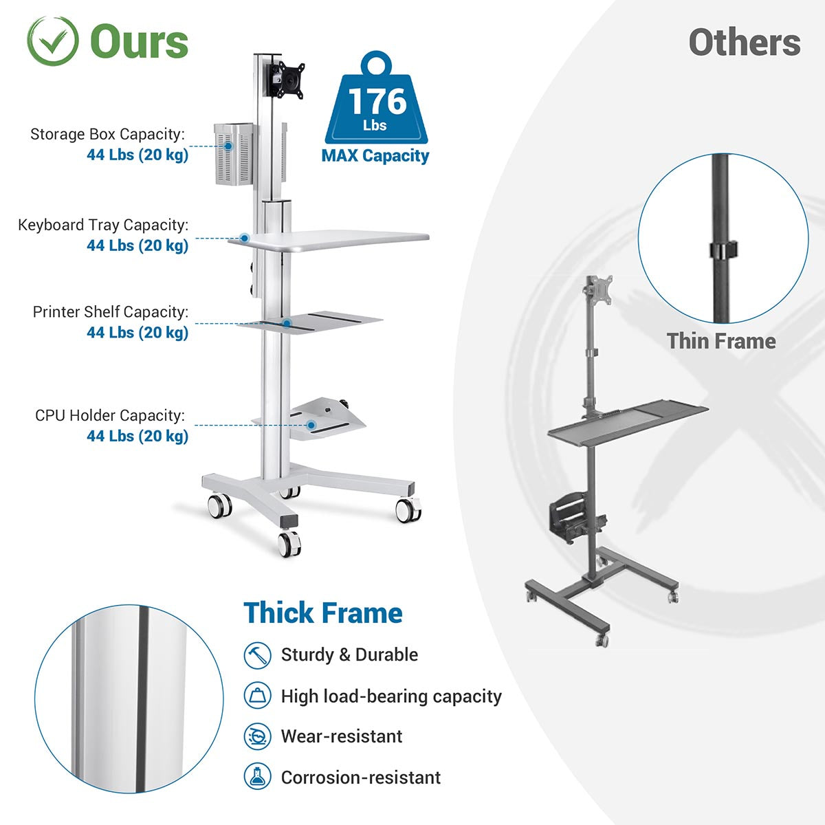 Yescom NexusX Rolling Computer Cart with Locking Metal Drawer