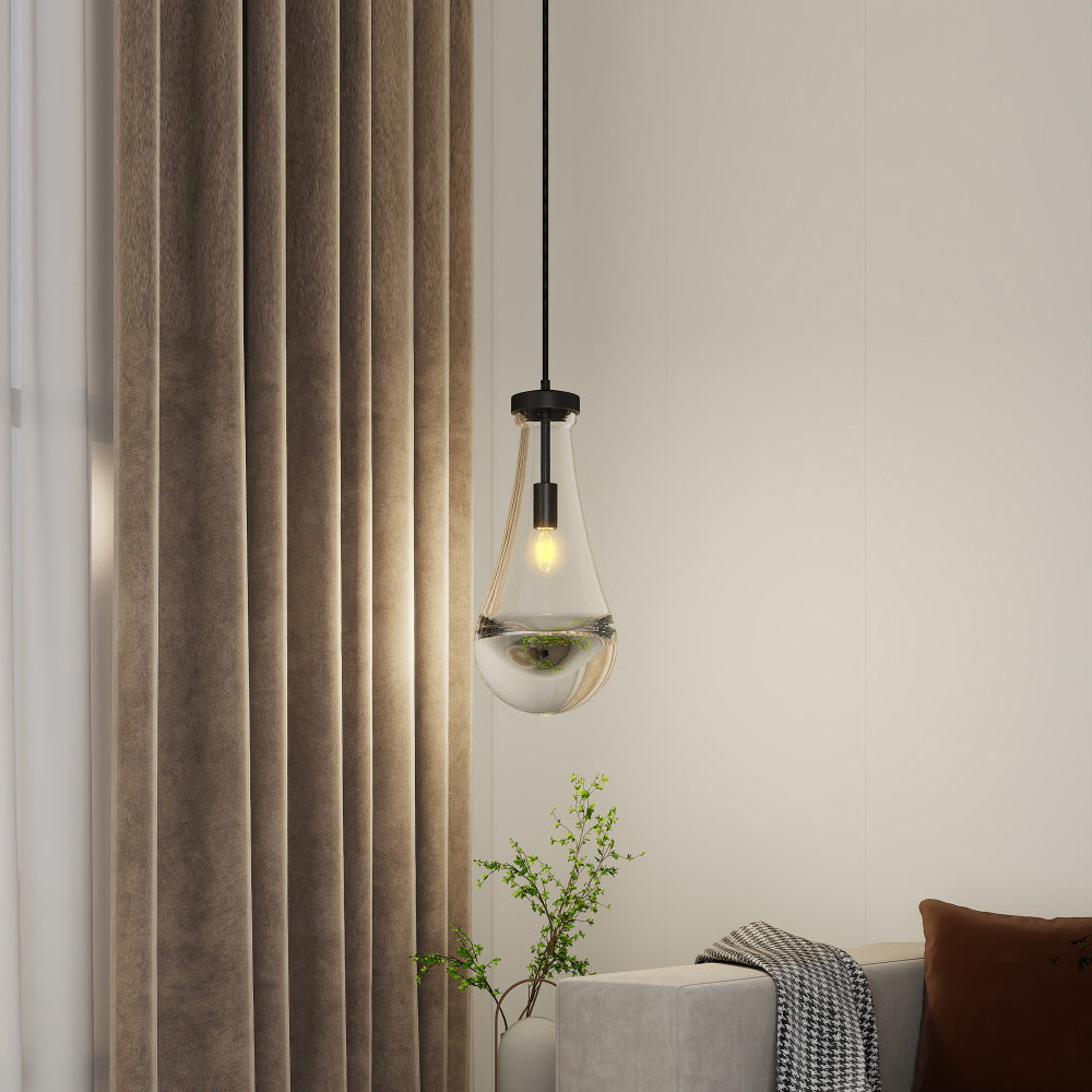 Raindrop Pendant Light – Hand-Blown Clear Glass Shade & Brass/Black Rod | Kitchen Island, Dining Room & Entryway