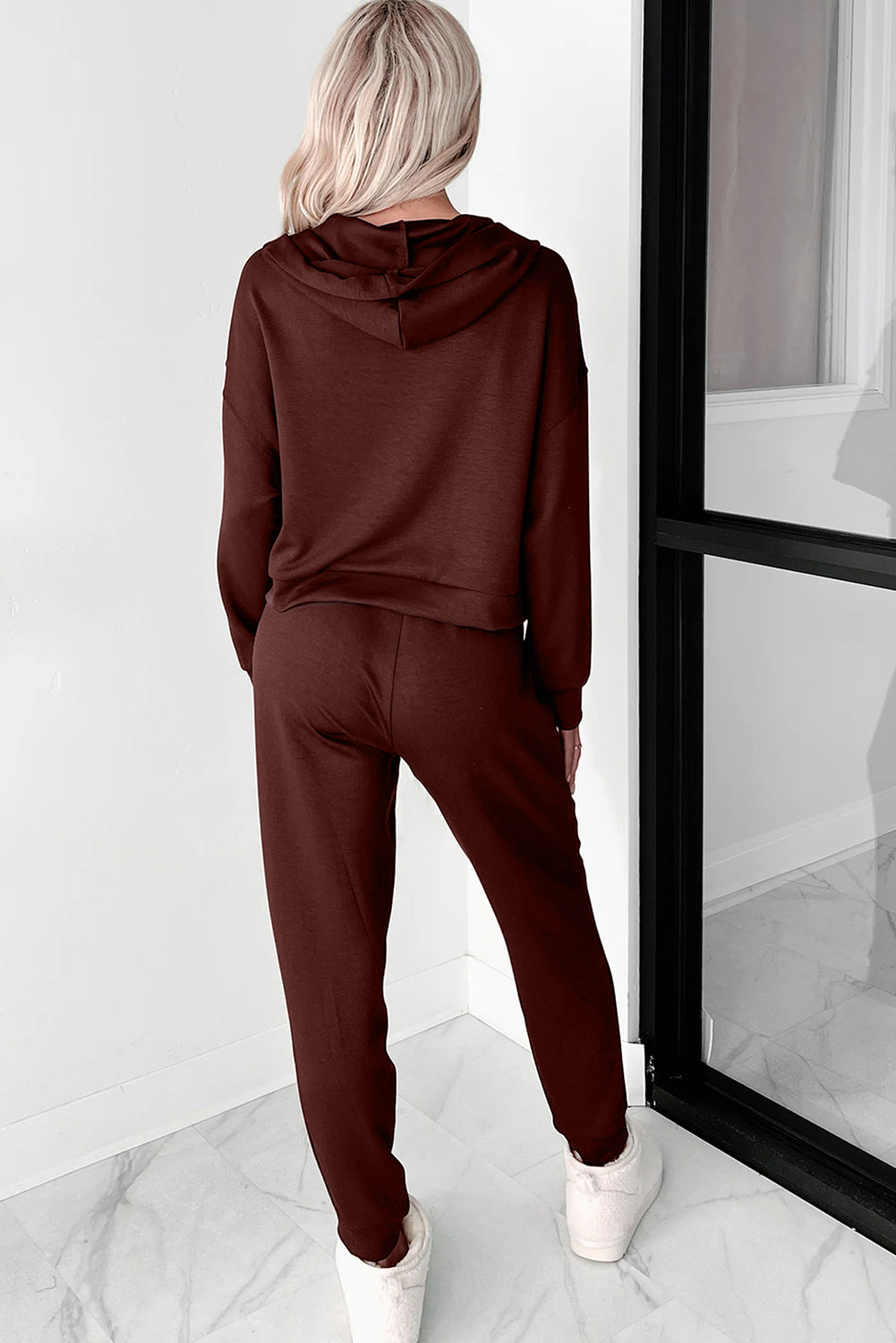 Chicory Coffee Button Drawstring Cropped Hoodie Jogger 2pcs Set