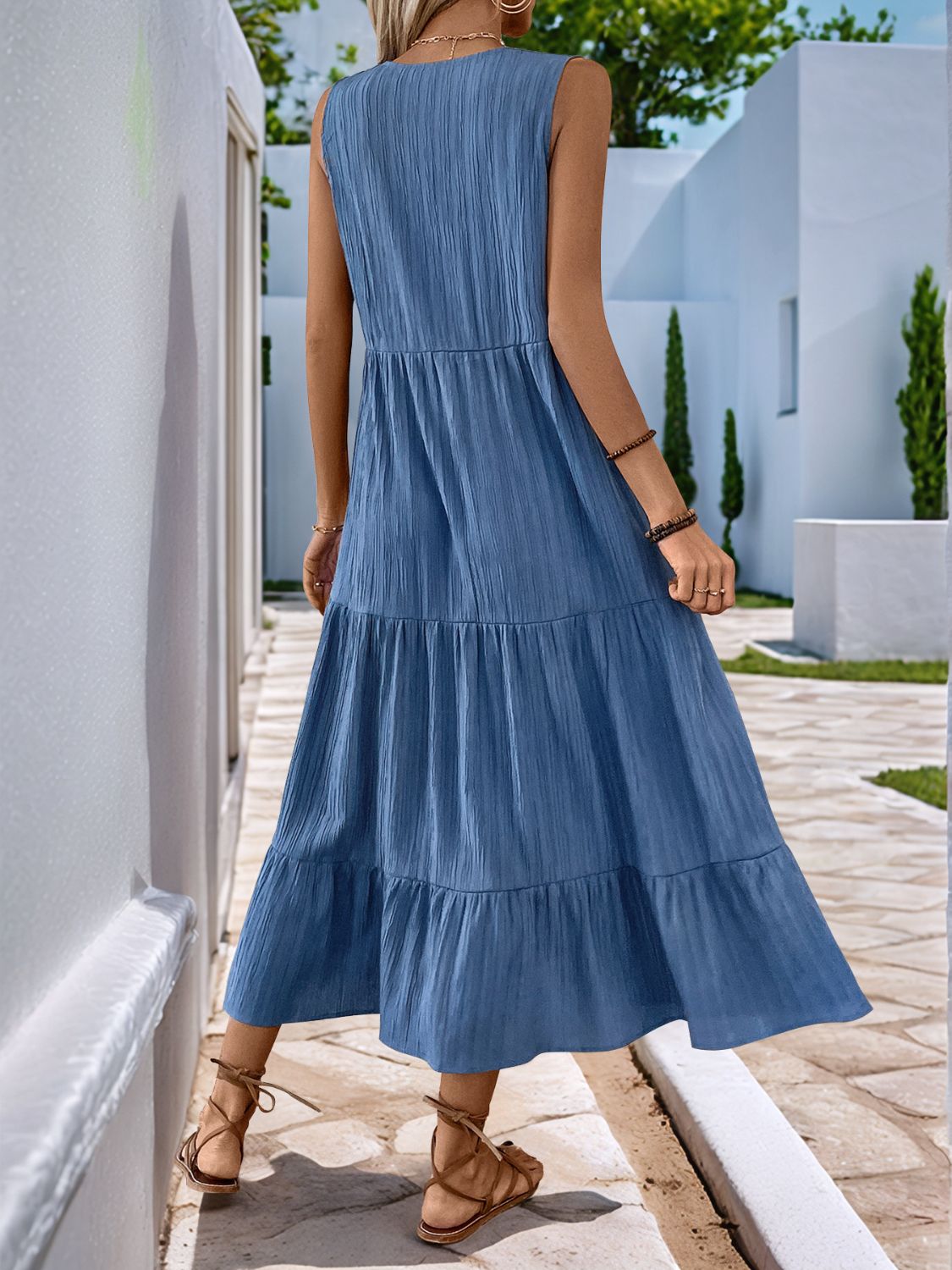 Decorative Dusty Blue Button Notched Sleeveless Dress Elegant & Feminine Style Long Dress For Women