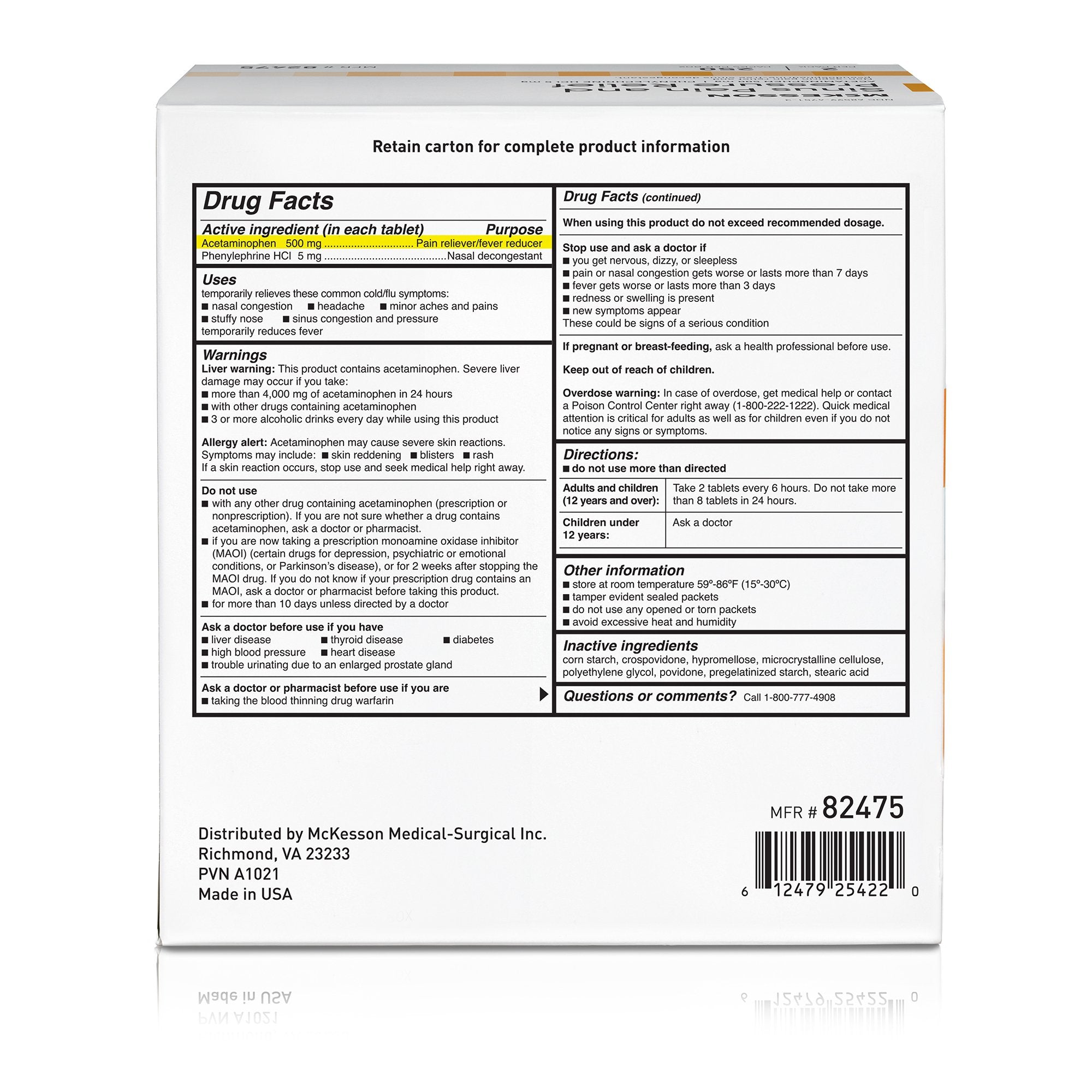 McKesson Acetaminophen / Phenylephrine Cold and Sinus Relief 82475