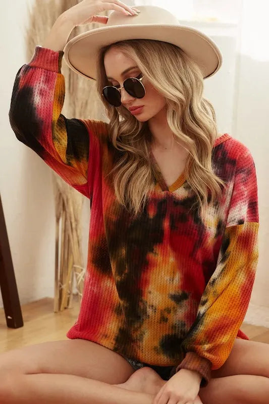 BiBi Tie Dye Brushed Waffle Top With Bubble Sleeves