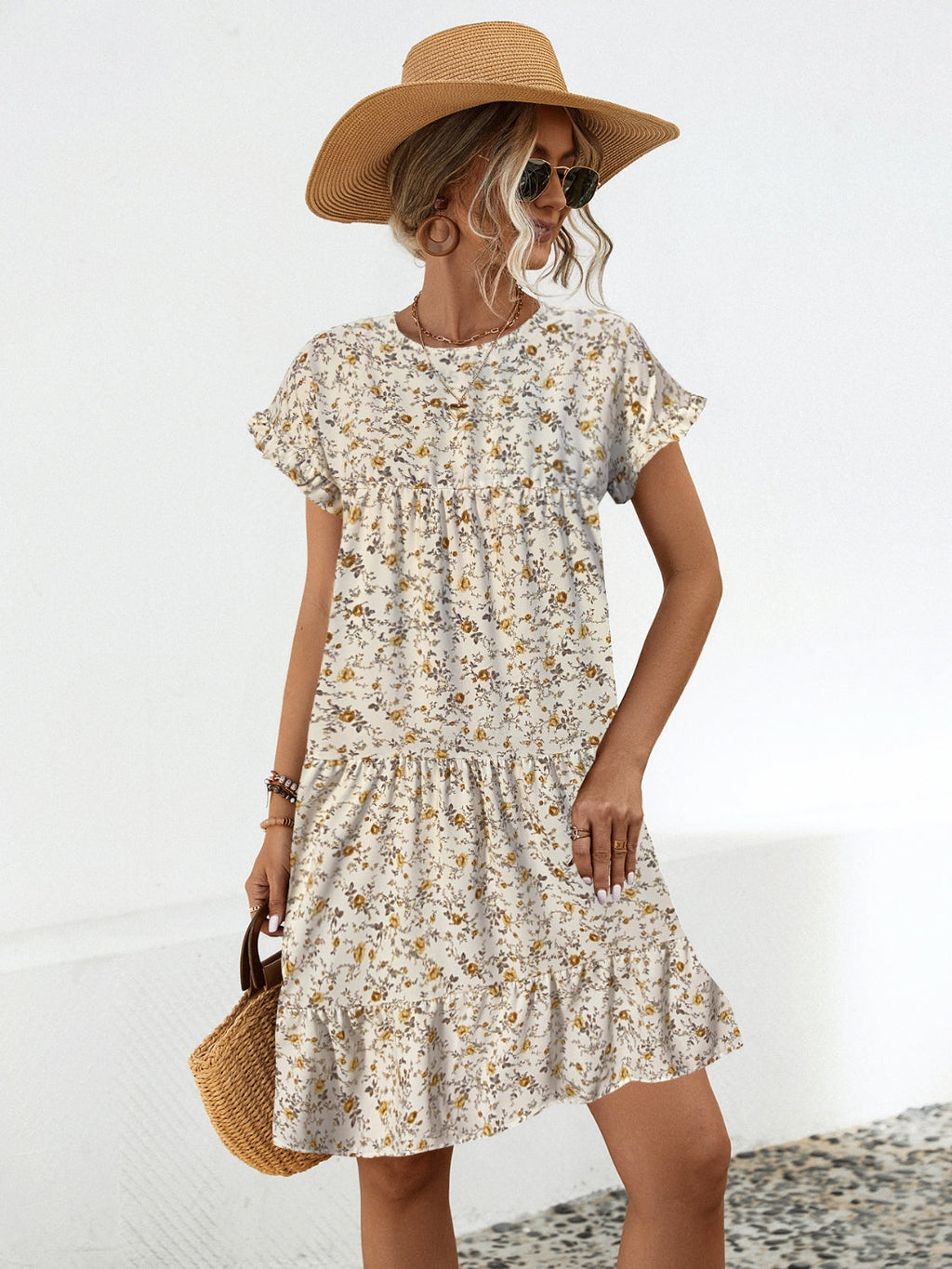 Floral Round Neck Short Sleeve Dress Elegant & Effortless Everyday Style Women Dress