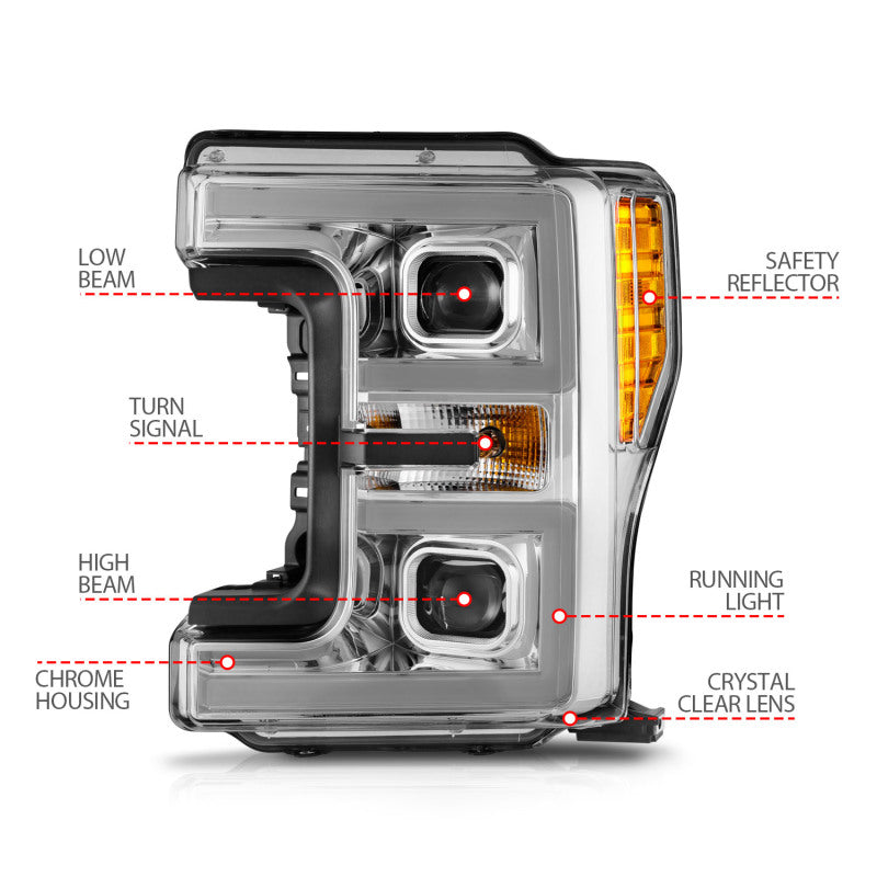 ANZO 17-19 Ford F-250/350/450 SD (w/o Factory LED HL) LED Proj Headlights w/Light Bar Switchback Chr 111578