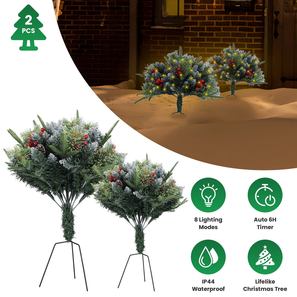 2Pcs Christmas Tree Urn Filler With Light Artificial Lighted Xmas Trees Light with Cones Berries Holiday Planter Filler LED Pathway Pine Tree IP44 Wat
