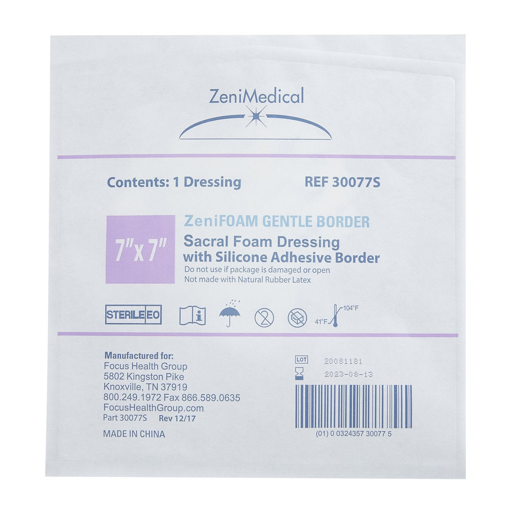 Foam Dressing Zenifoam Gentle Border 7 X 7 Inch With Border Waterproof Backing Silicone Face and Border Sacral Sterile 30077-S