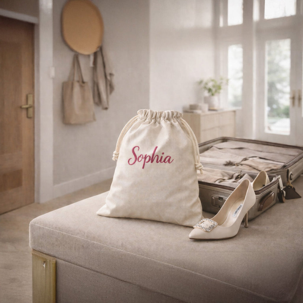 Personalized Embroidered Shoe Pouch – Drawstring Travel Bag