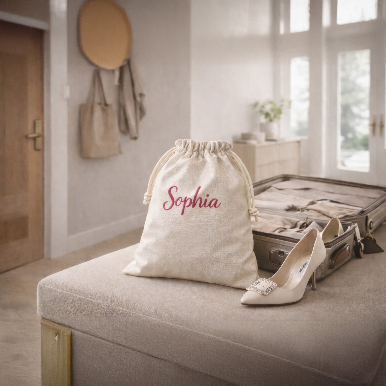Personalized Embroidered Shoe Pouch – Drawstring Travel Bag