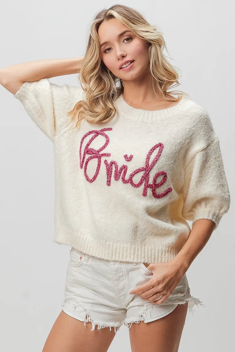BiBi Metallic Letter Short Puff Sleeve Hairy Sweater