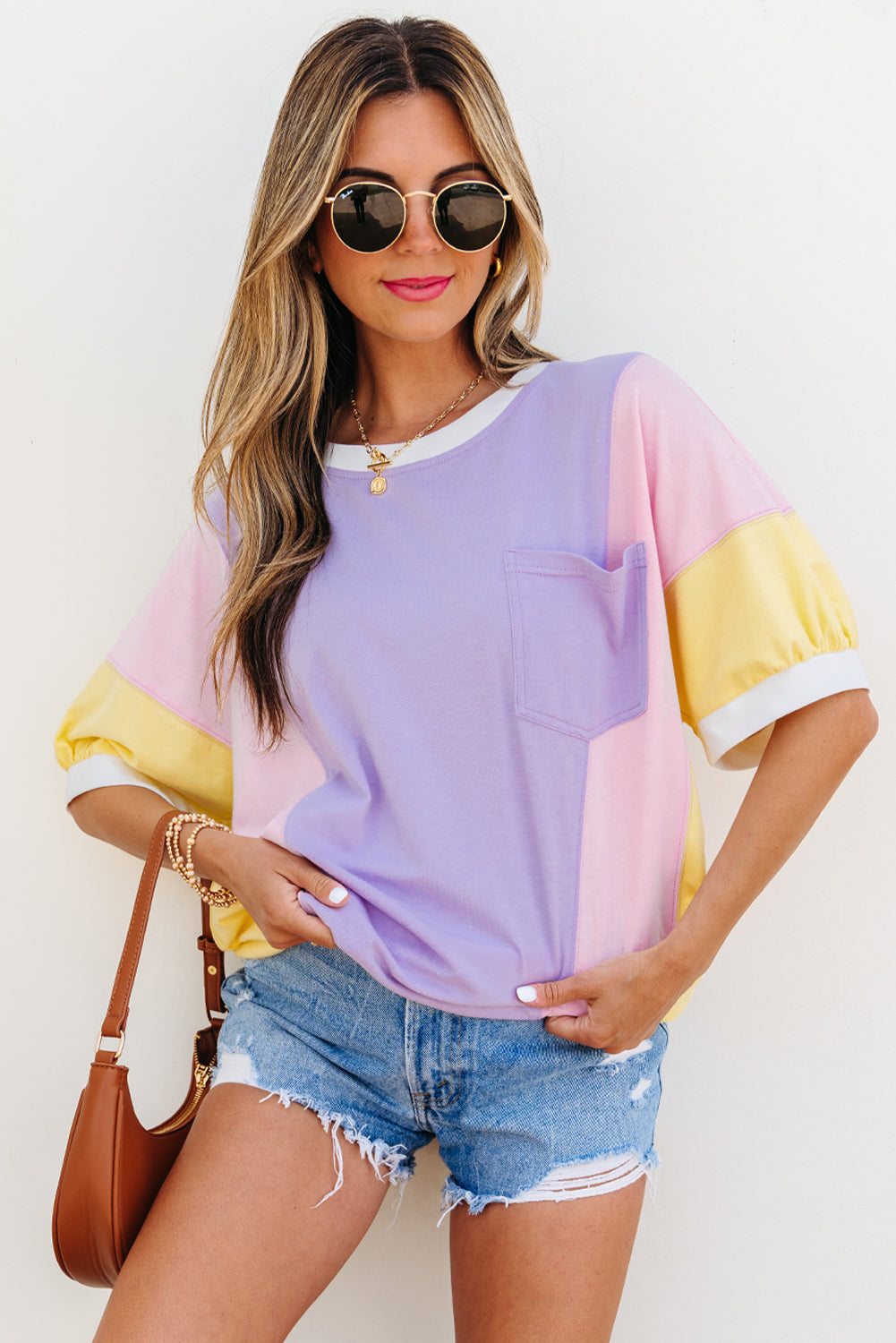 Unique Oils Purple Color Block Patchwork Oversized Half Sleeve T-Shirt