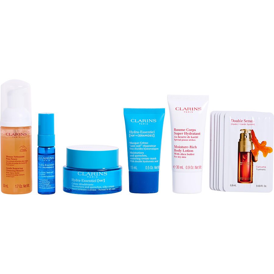 Blue Bag Hydra Essential Set: Ha2 Cream 50ml + Hydra Mask 15ml + Bi-serum Trial 10ml + Gentle Renewing Cleansing Mousse 50ml+ Baume Corps Super Hydratant 30ml + Double Serum Samples 7*0.03oz+ Bag --5pcs+bag