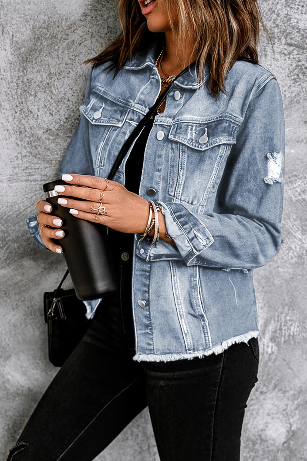 Black Lapel Distressed Raw Hem Buttons Denim Jacket