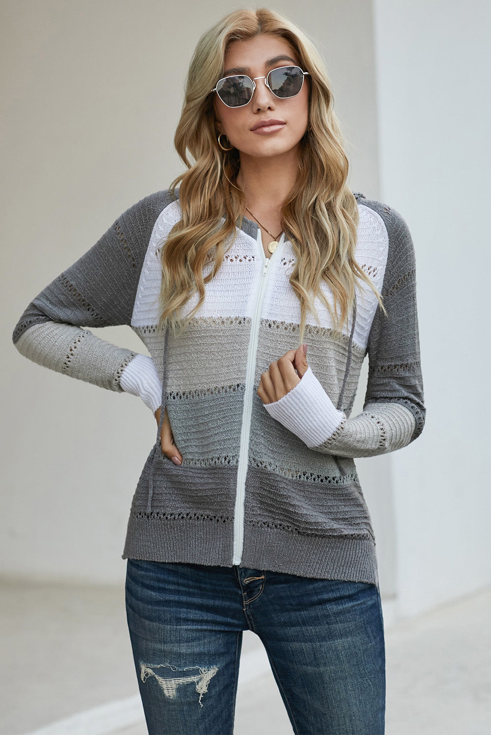 Multicolor Zipped Front Colorblock Hollow-out Knit Hoodie