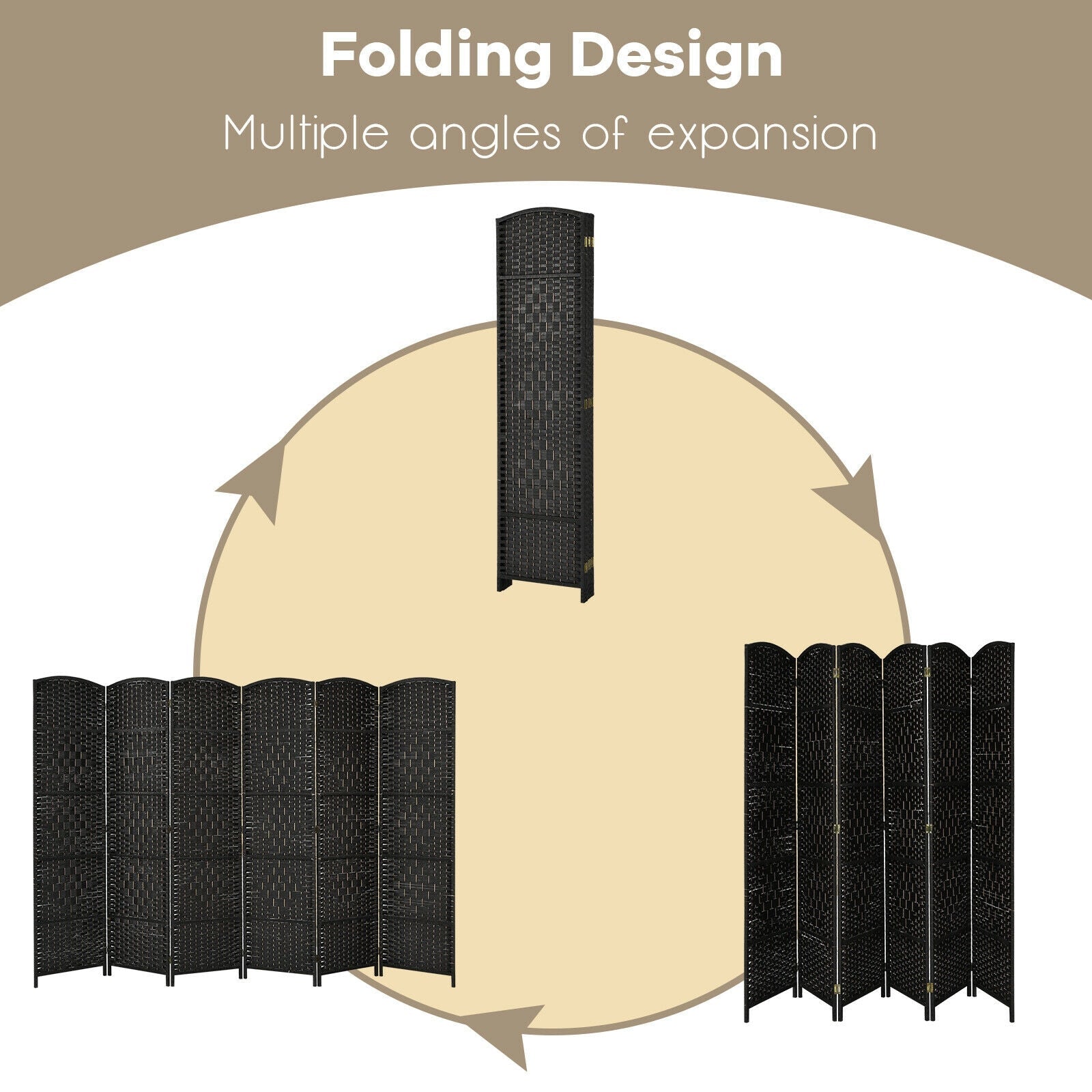 6.5Ft 6-Panel Weave Folding Fiber Room Divider Screen