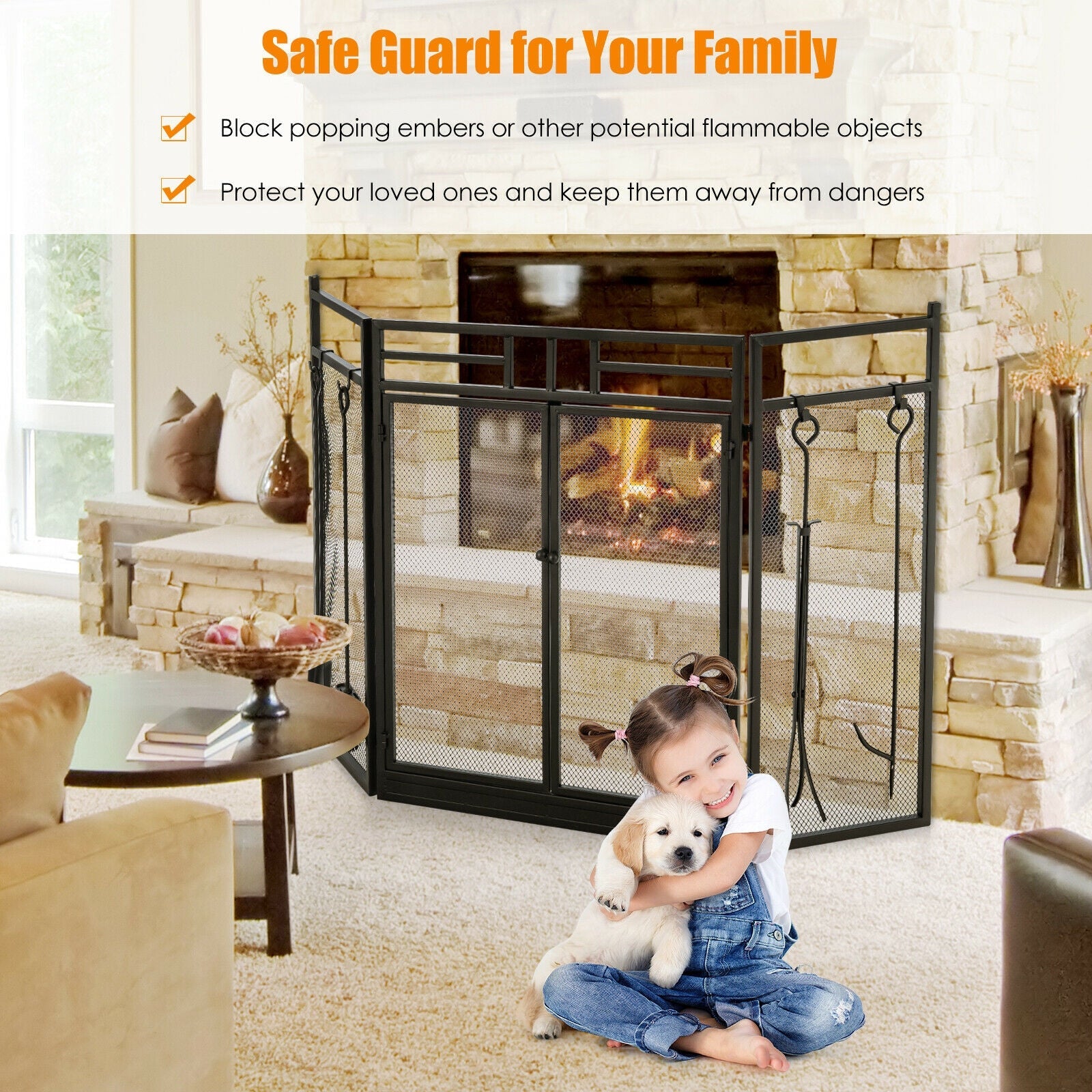 3-Panel Folding Wrought Iron Fireplace Screen with Doors and 4 Pieces Tools Set-Black