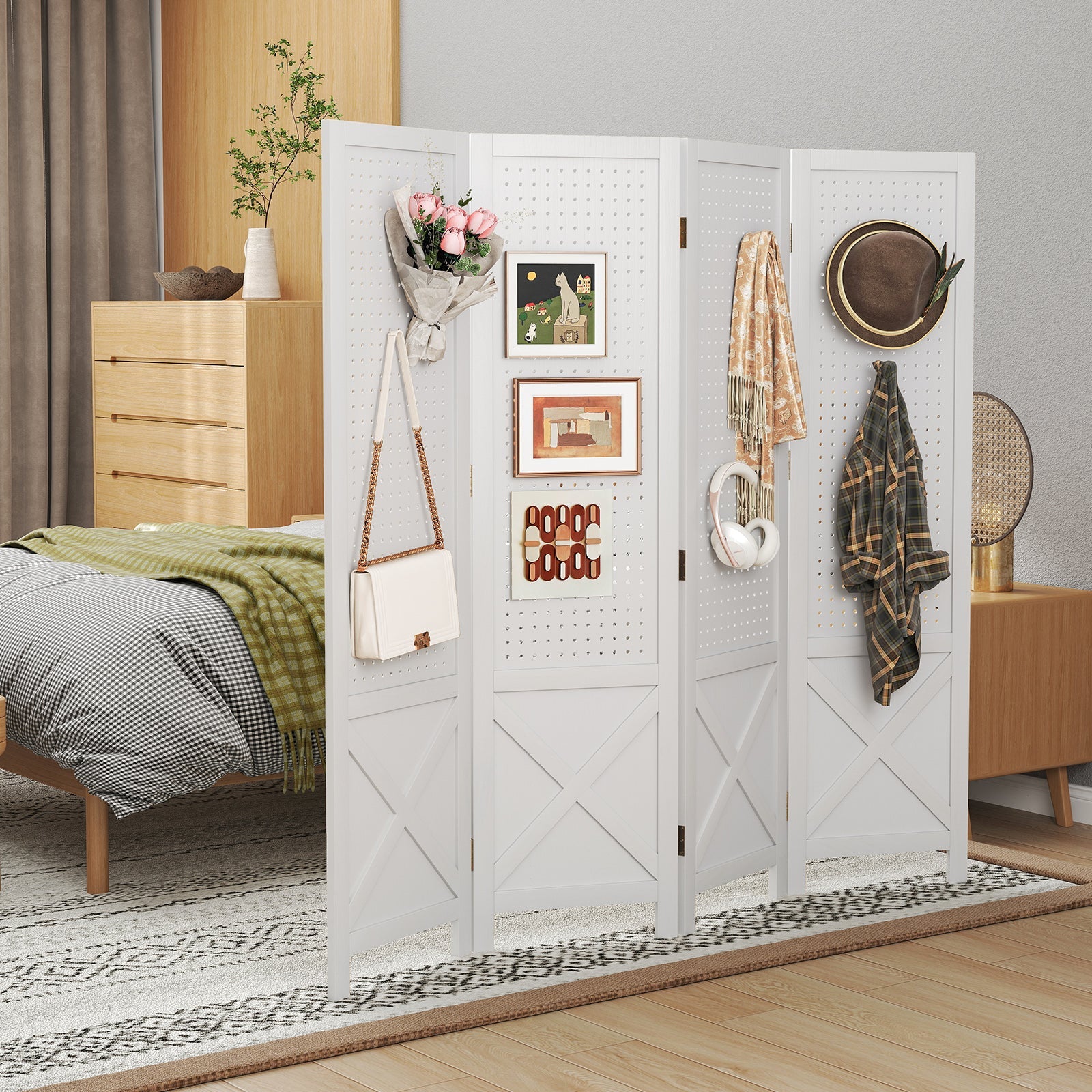 4-Panel Pegboard Display Stand Folding Room Divider with Solid Wood Frame-White