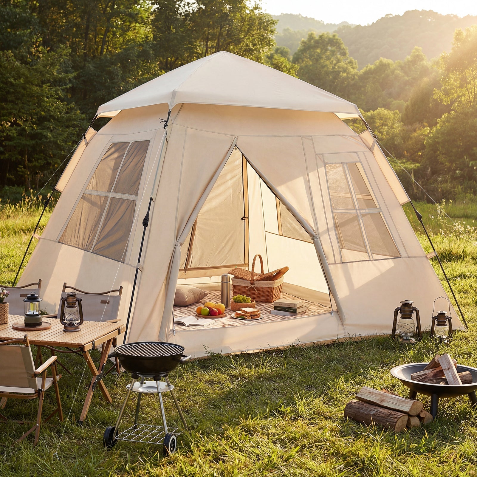 4 Person Camping Tent Portable Automatic Easy Setup with Rainfly and 2 Doors