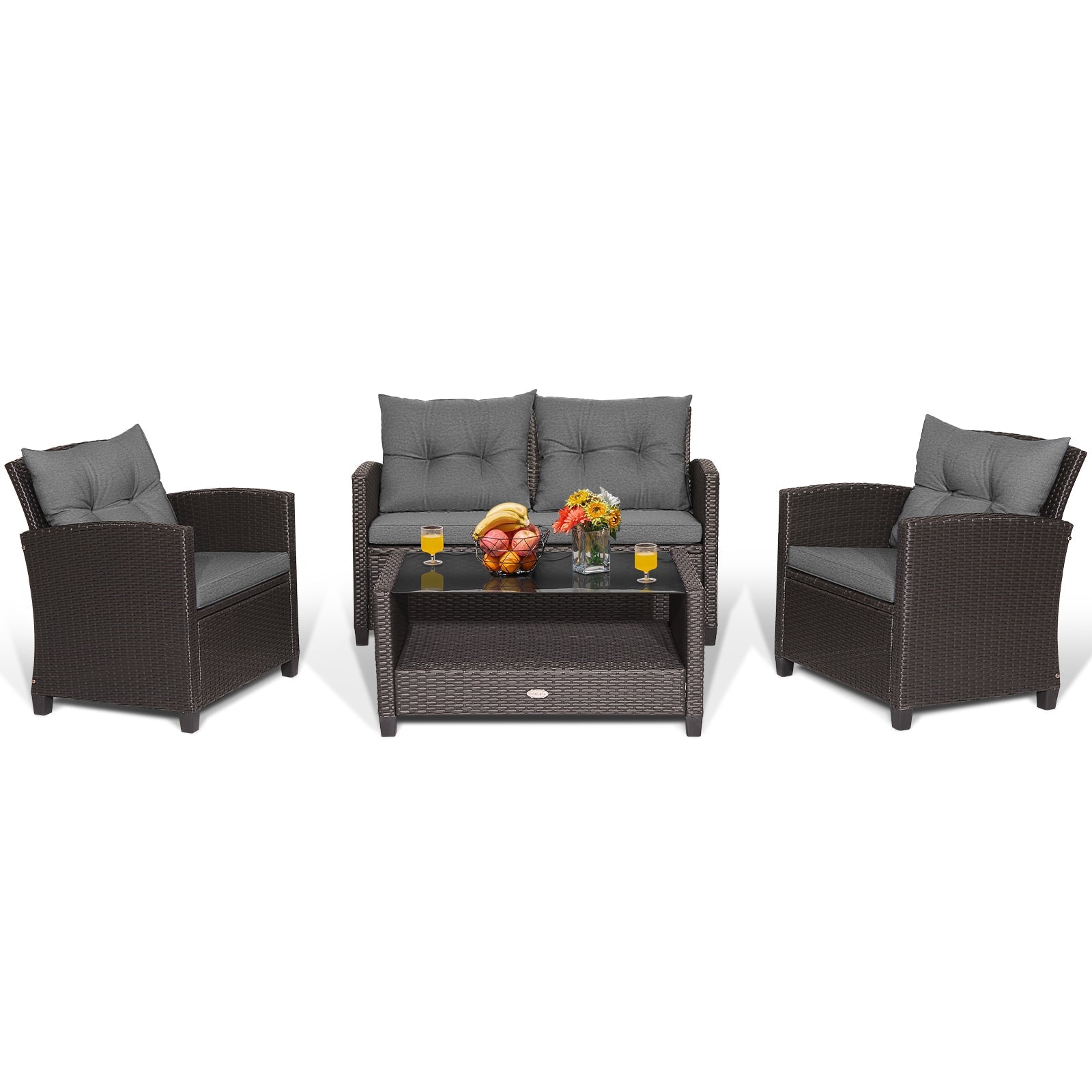 4 Pieces Patio Rattan Conversation Furniture Set with Glass Top Coffee Table-Gray