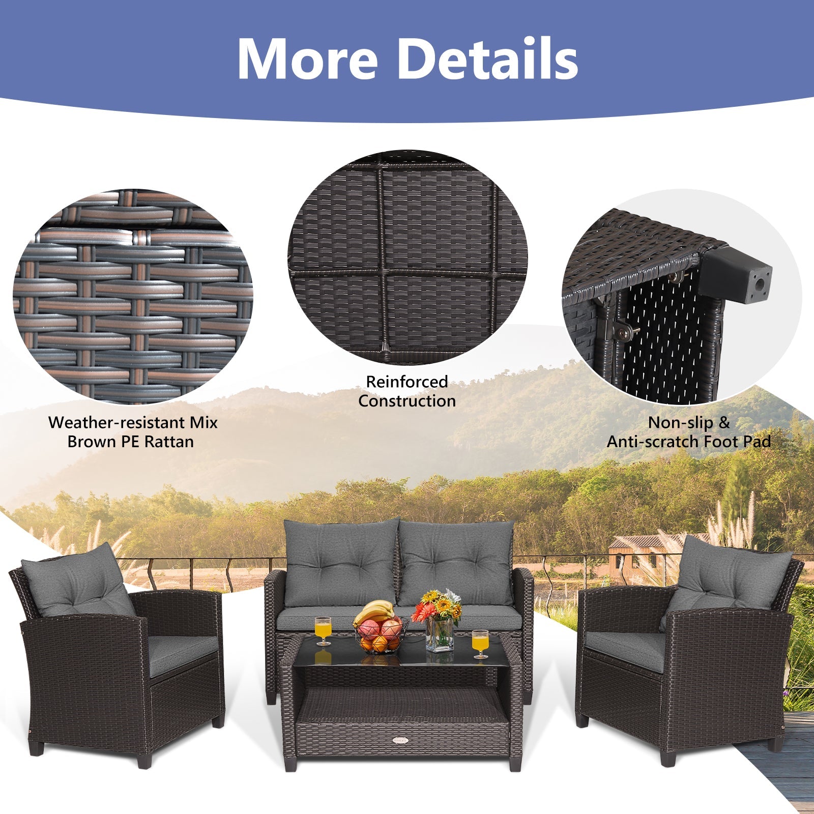 4 Pieces Patio Rattan Conversation Furniture Set with Glass Top Coffee Table-Gray