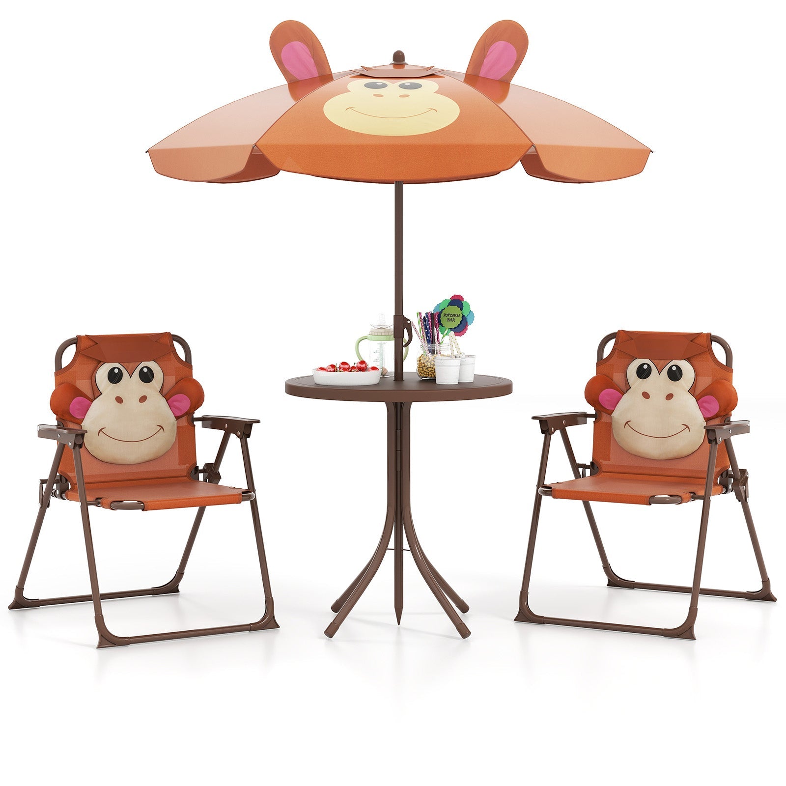 4 Pieces Kids Picnic Set with 2 Folding Chairs and Height Adjustable Umbrella-Brown