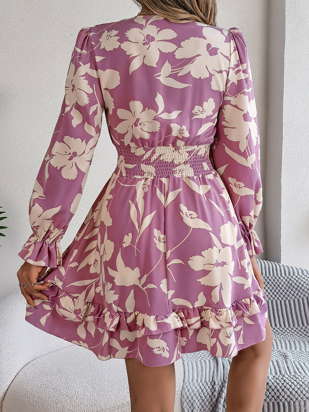 Feminine Lilac Ruffled Printed Long Sleeve Dress Summer Cute Midi Dress
