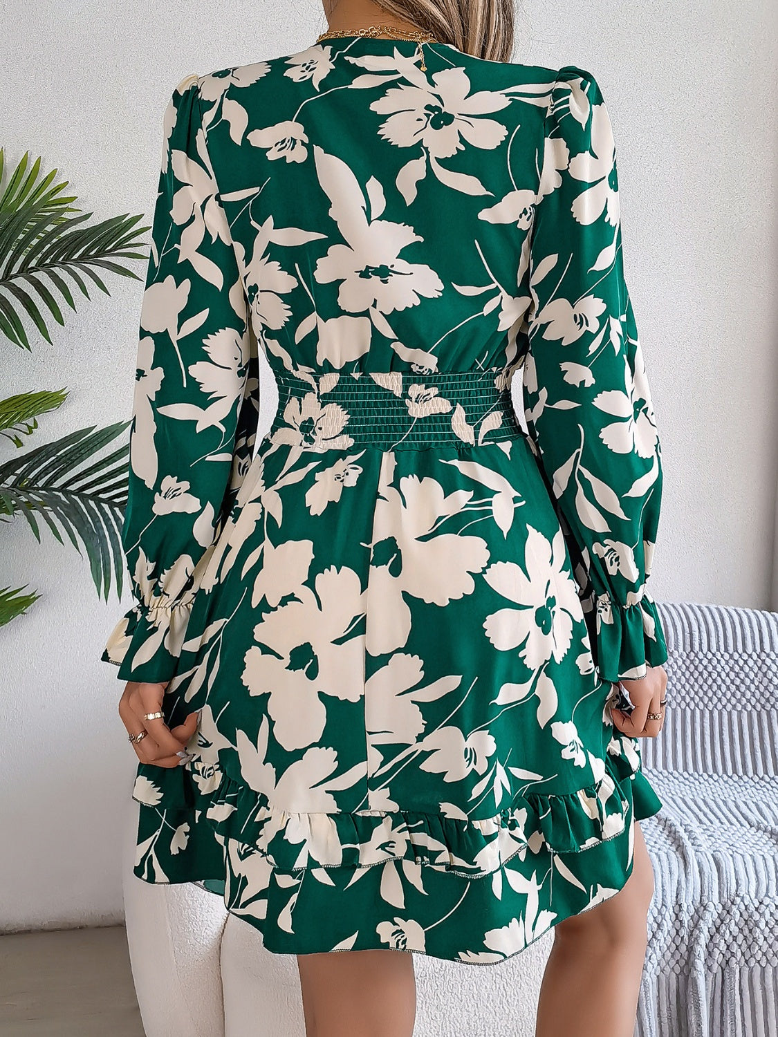 Feminine Lilac Ruffled Printed Long Sleeve Dress Summer Cute Midi Dress