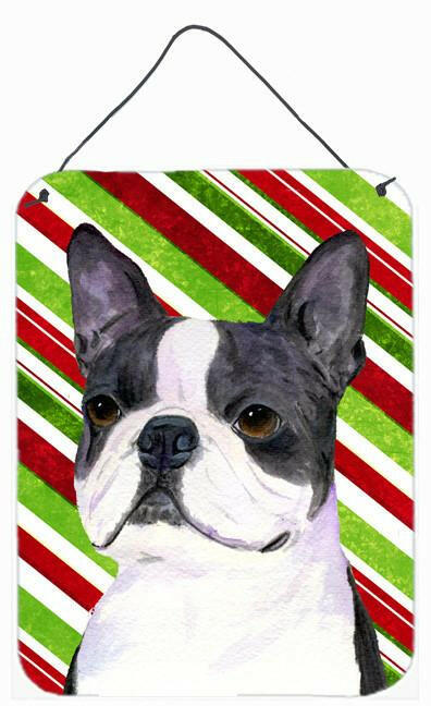 Boston Terrier Candy Cane Holiday Christmas Wall or Door Hanging Prints Aluminum Metal Sign Kitchen Wall Bar Bathroom Plaque Home Decor Front Door Plaque, 12x16, Multicolor