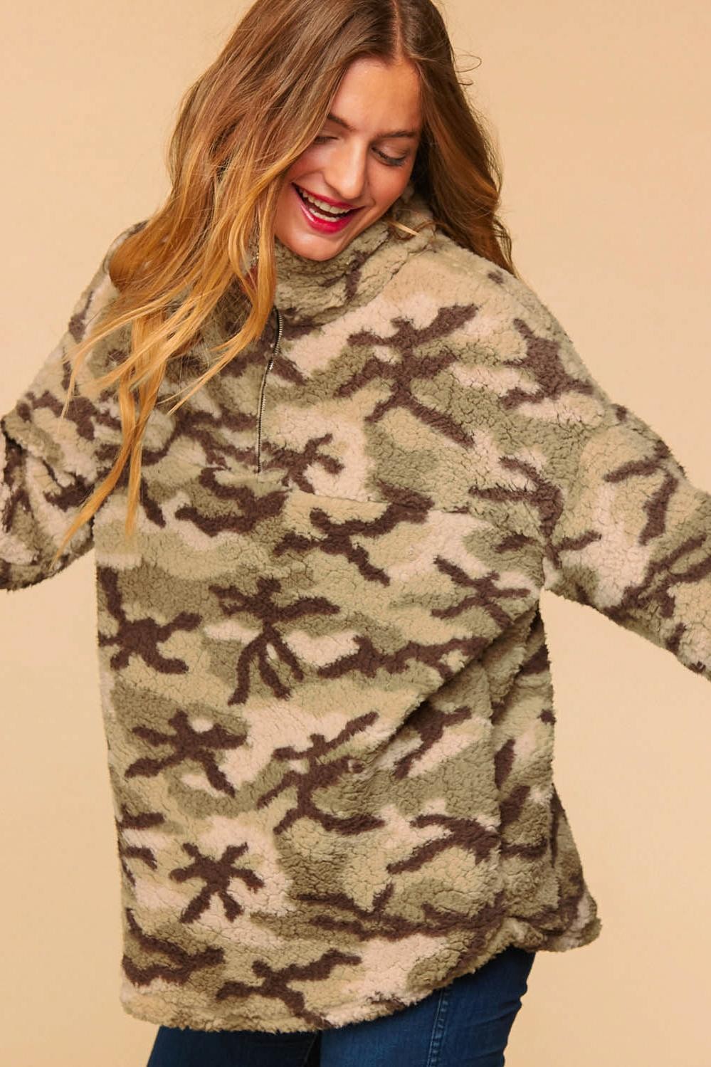 Plus Camo Sherpa Pocketed Sweater