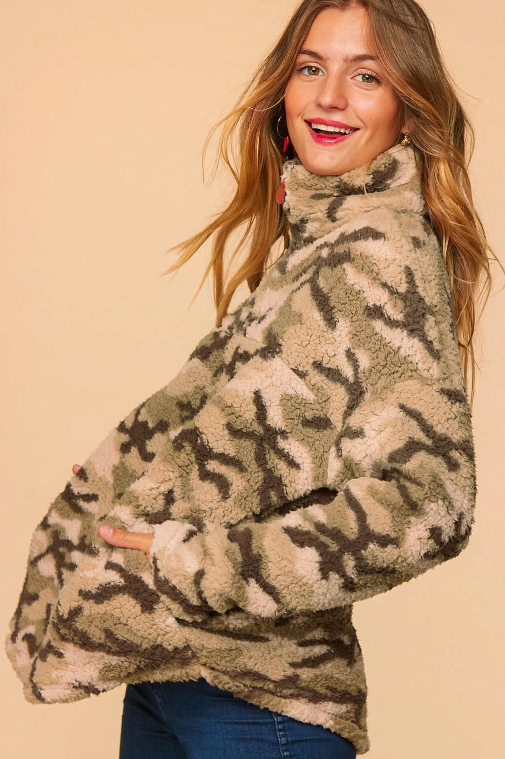 Plus Camo Sherpa Pocketed Sweater