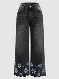 Chrysanthemum Embroidered Cropped Denim Jeans – Women's Loose Straight-Leg