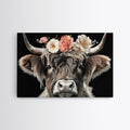 Framed Highland Cow With Flowers Painting canvas print Farmhouse art Cattle Wooden background Country wall art Cow print Rustic Wall Art