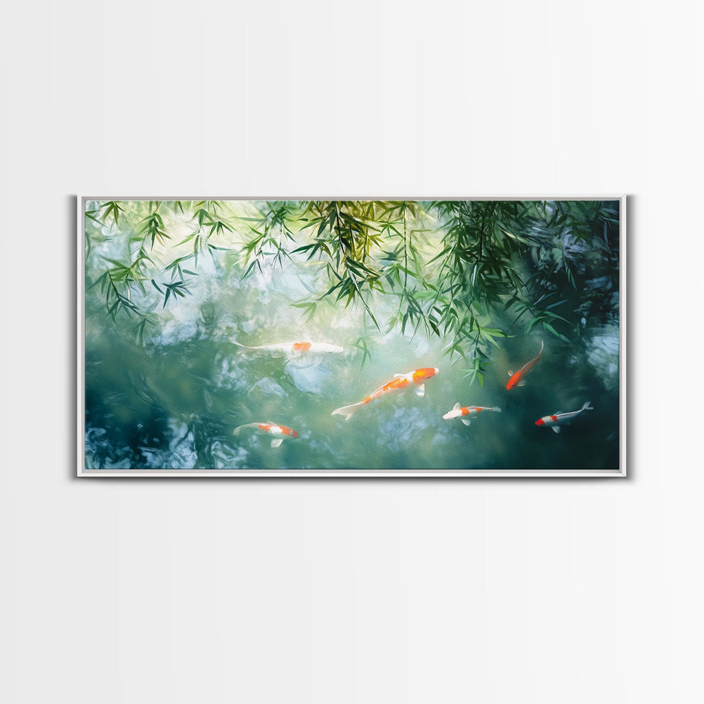 Koi Fish Swimming In a River Framed Canvas Print - Minimalist Art Wabi Sabi Style Home Decor