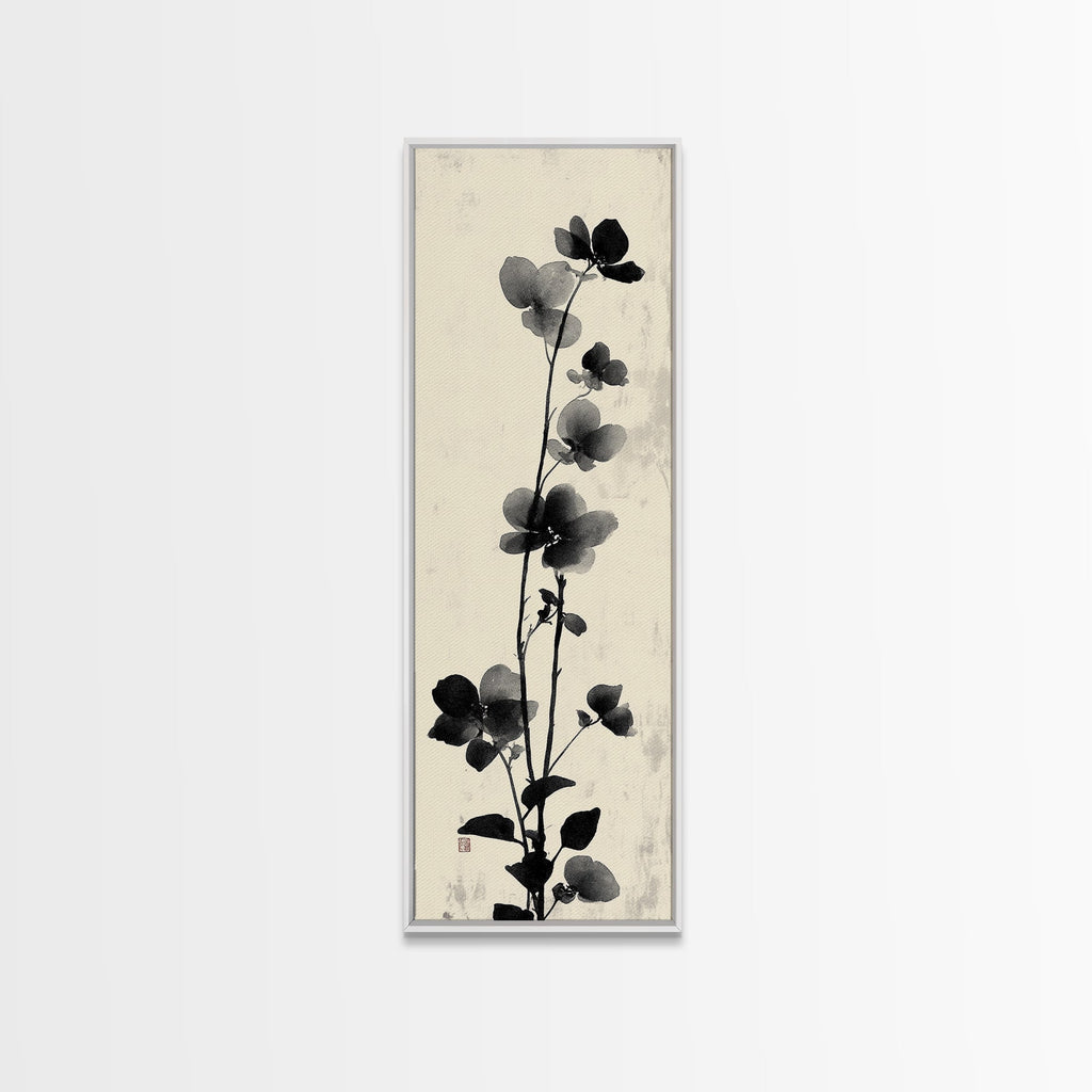 Framed Canvas Print Cherry Blossom Painting Black and White Floral Art, Wabi Sabi Decor, Japanese-Inspired Wall Art, Skinny Canvas Gift