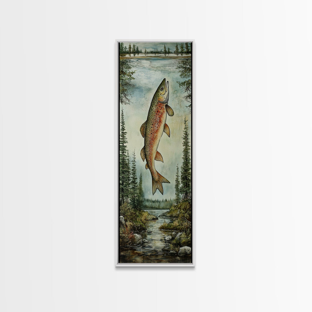 Trout In Mountain Scene Framed Canvas Print Rustic Landscape Art Fly Fishing Wall Art Skinny Wall Art Tall Vertical Decor