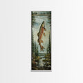Trout In Mountain Scene Framed Canvas Print Rustic Landscape Art Fly Fishing Wall Art Skinny Wall Art Tall Vertical Decor