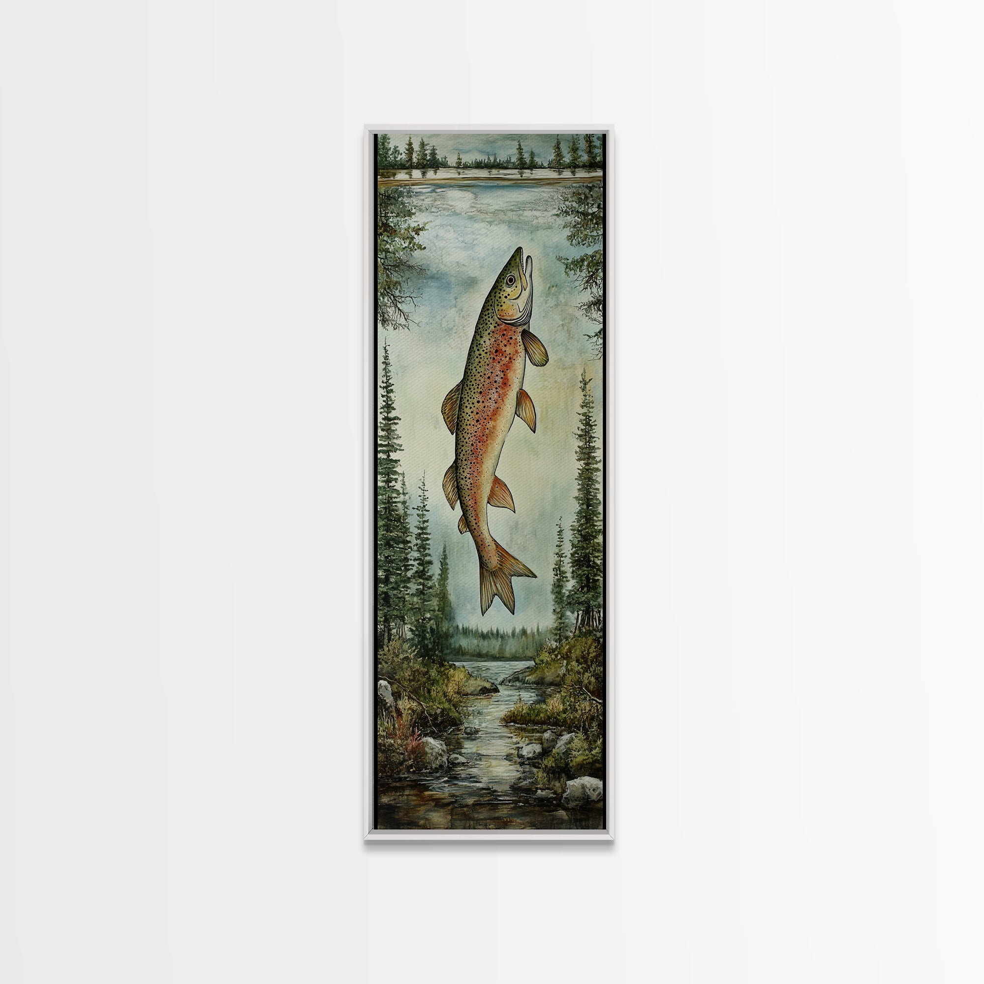 Trout In Mountain Scene Framed Canvas Print Rustic Landscape Art Fly Fishing Wall Art Skinny Wall Art Tall Vertical Decor