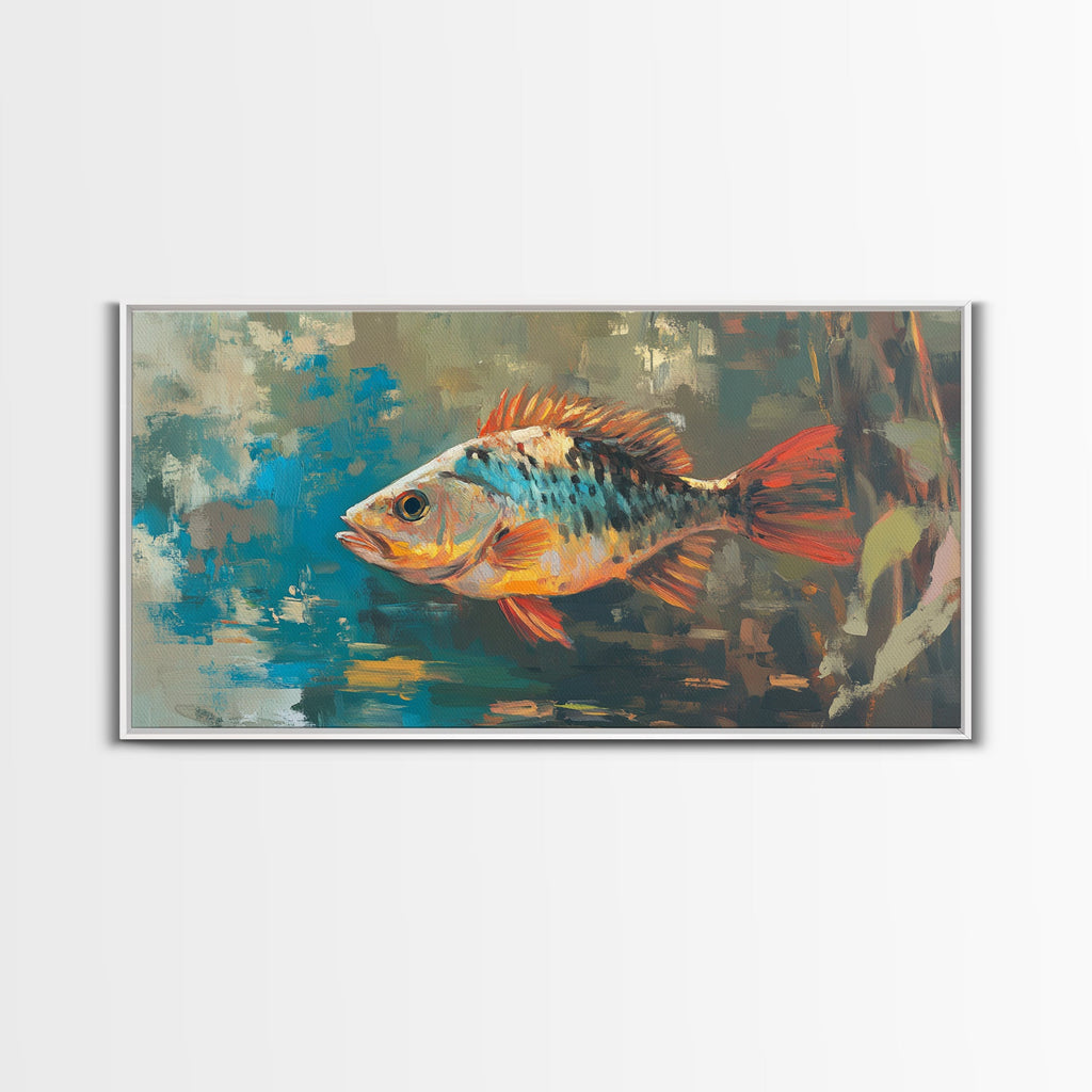 Trout, fish, colorful painting, fisherman painting, rustic wall art, trout art, framed canvas print, extra wide art, gift idea