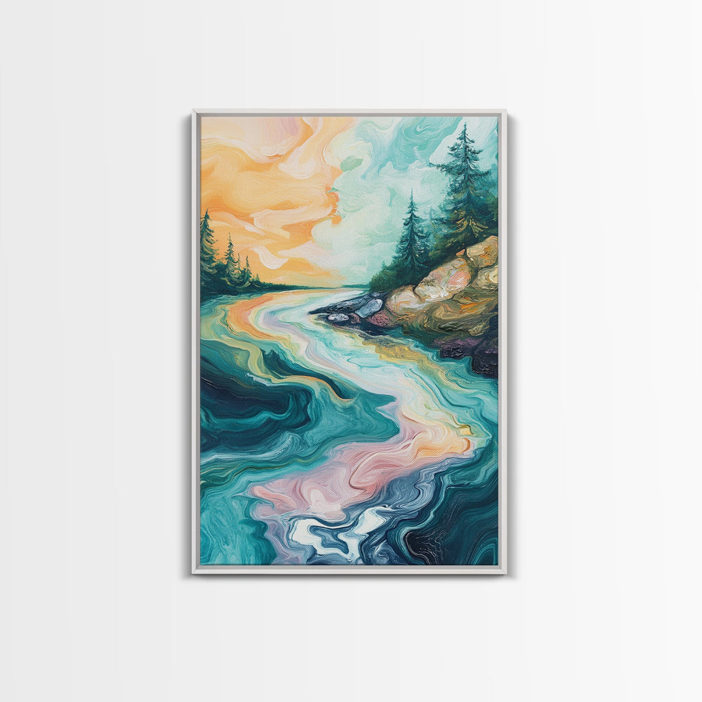 Swirling River Art, Abstract Nature Scene, Dreamy Landscape, Flowing Water, Boho Wall Art, Colorful Decor, Canvas Print