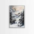 Snowy Mountain Scene Canvas Print Winter Wonderland Wall Art, Alpine Landscape Painting, Cozy Cabin Decor, Neutral Holiday Artwork