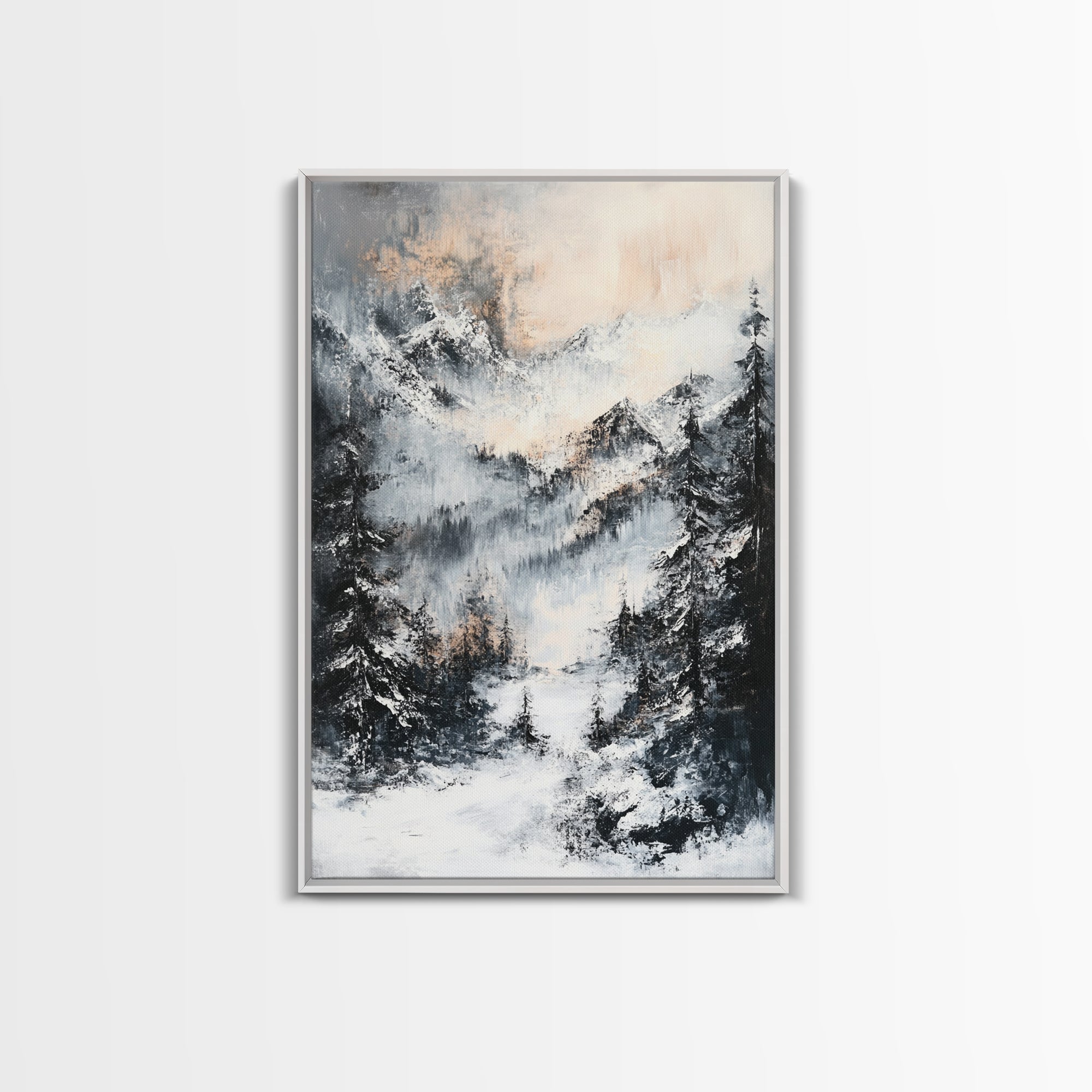Snowy Mountain Scene Canvas Print Winter Wonderland Wall Art, Alpine Landscape Painting, Cozy Cabin Decor, Neutral Holiday Artwork