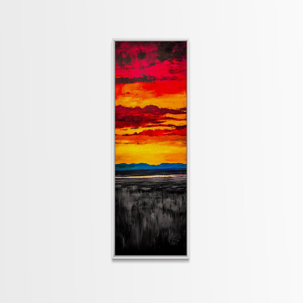 Fiery Sunset Painting, Dramatic Red Orange Sky, Bold Abstract Landscape, Framed Canvas Print, Modern Wall Decor, Living Room Art