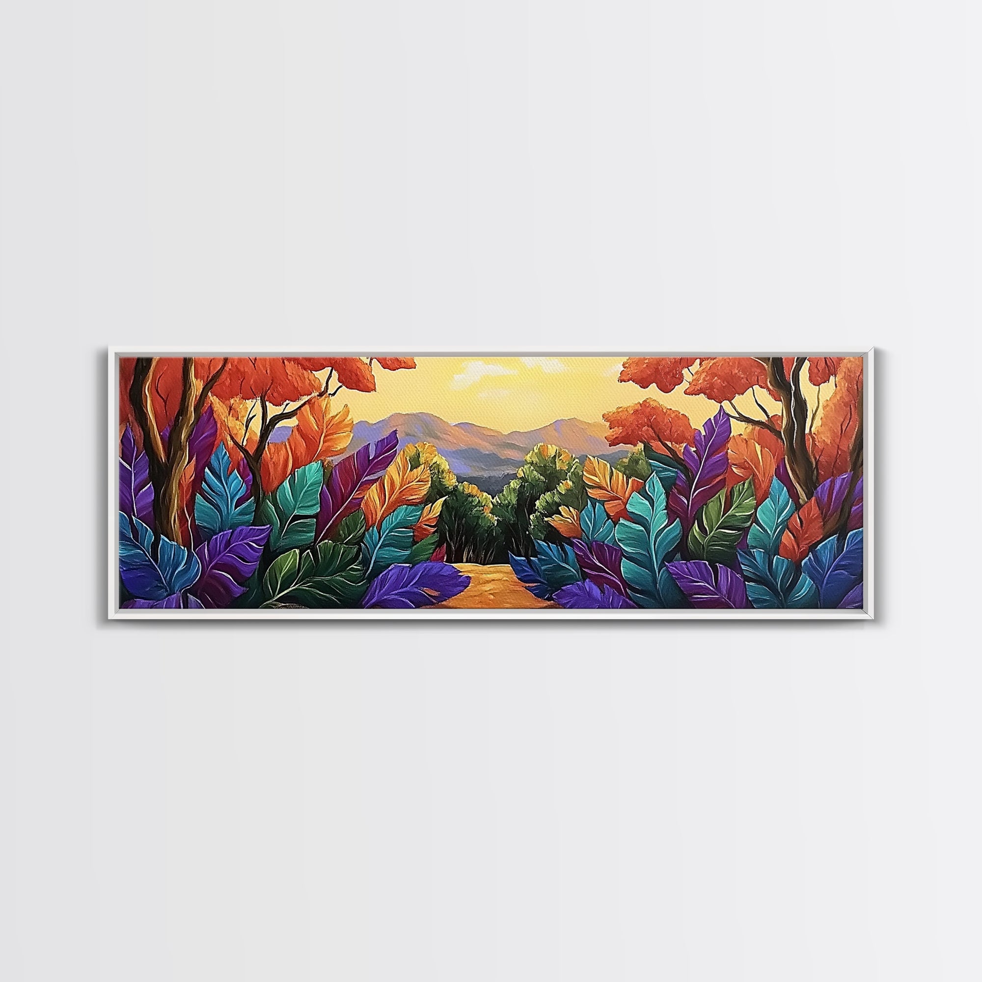 Autumn Forest Path, Colorful Fall Foliage Trail, Vibrant Nature Design, Framed Canvas Print, Cozy Hallway Art, Fall Living Room